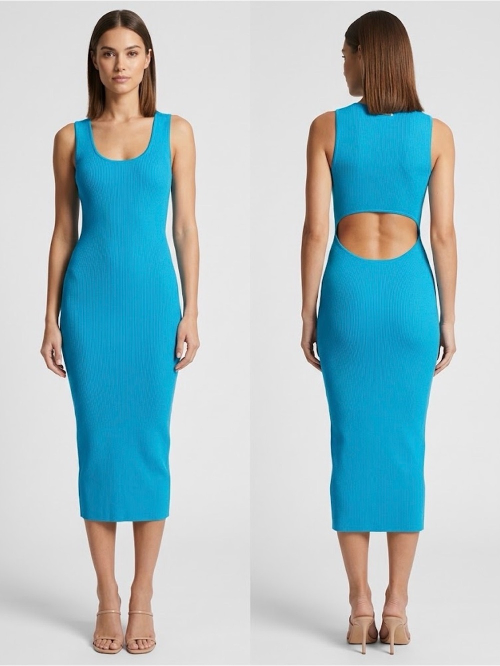 Michael Kors Bright Turquoise Ribbed Cutout Back Midi Dress